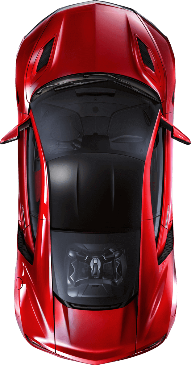 Red sports car viewed from above, highlighting the sleek hood and roof design, with visible aerodynamic features and mirrors.