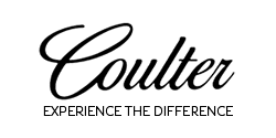 Logo of coulter featuring stylized cursive text for "coulter" above the tagline "experience the difference" in capital letters on a green background.