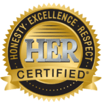 Golden seal with words "honesty. excellence. respect." encircling the bold acronym "her" and "certified" on a ribbon, showcasing quality assurance.
