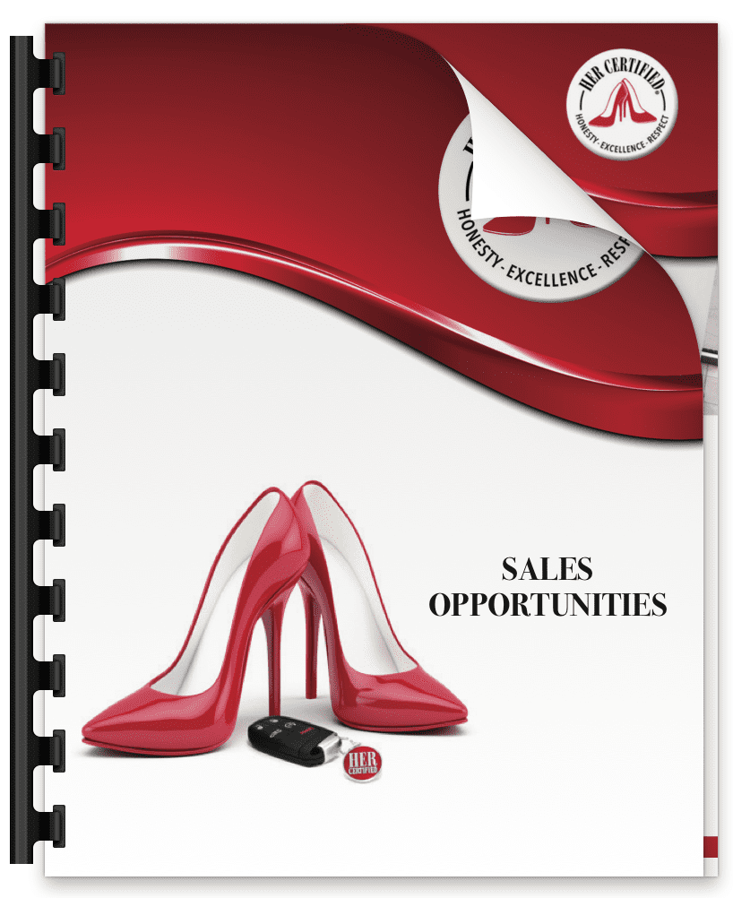 A notebook cover featuring a graphic with red high heels, a car key, and the text "sales opportunities" alongside a seal for excellence.