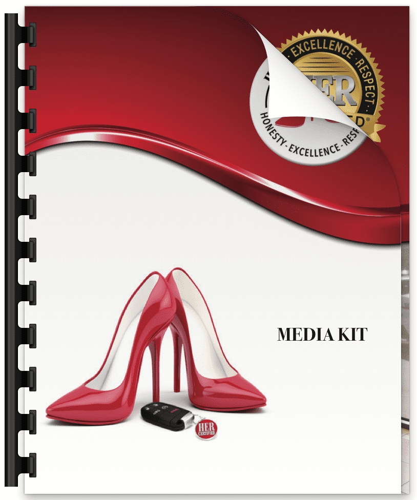 Red high-heeled shoes on a media kit cover with a car key, featuring an "excellence" badge and spiral binding.