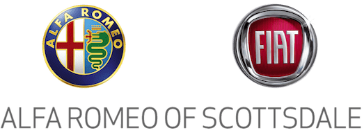 Logos of alfa romeo and fiat next to the text "alfa romeo of scottsdale." alfa romeo logo features a red cross and serpent; fiat logo is a red and silver badge.