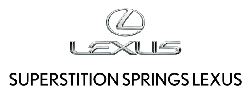 Logo of lexus with the name "superstition springs lexus" beneath it, depicted in metallic silver on a green background.