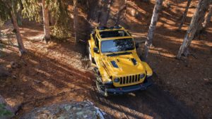 A yellow suv driving on a forest trail covered with autumn leaves, surrounded by tall pine trees.