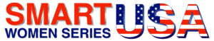 Logo for "smart usa women series" featuring bold red and blue letters with white stars on a green background.