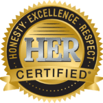 A gold and silver seal that says " her certified ".
