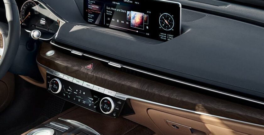 A dashboard with the center console and infotainment system.