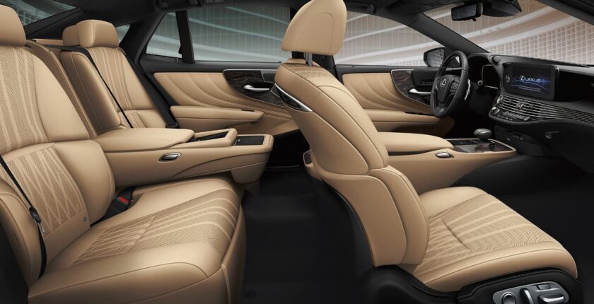 A car with beige leather seats and tan interior.