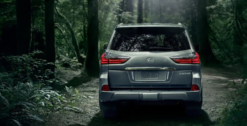A silver suv is parked in the woods.