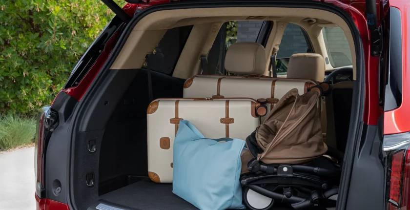 A car trunk with luggage and bags in it.