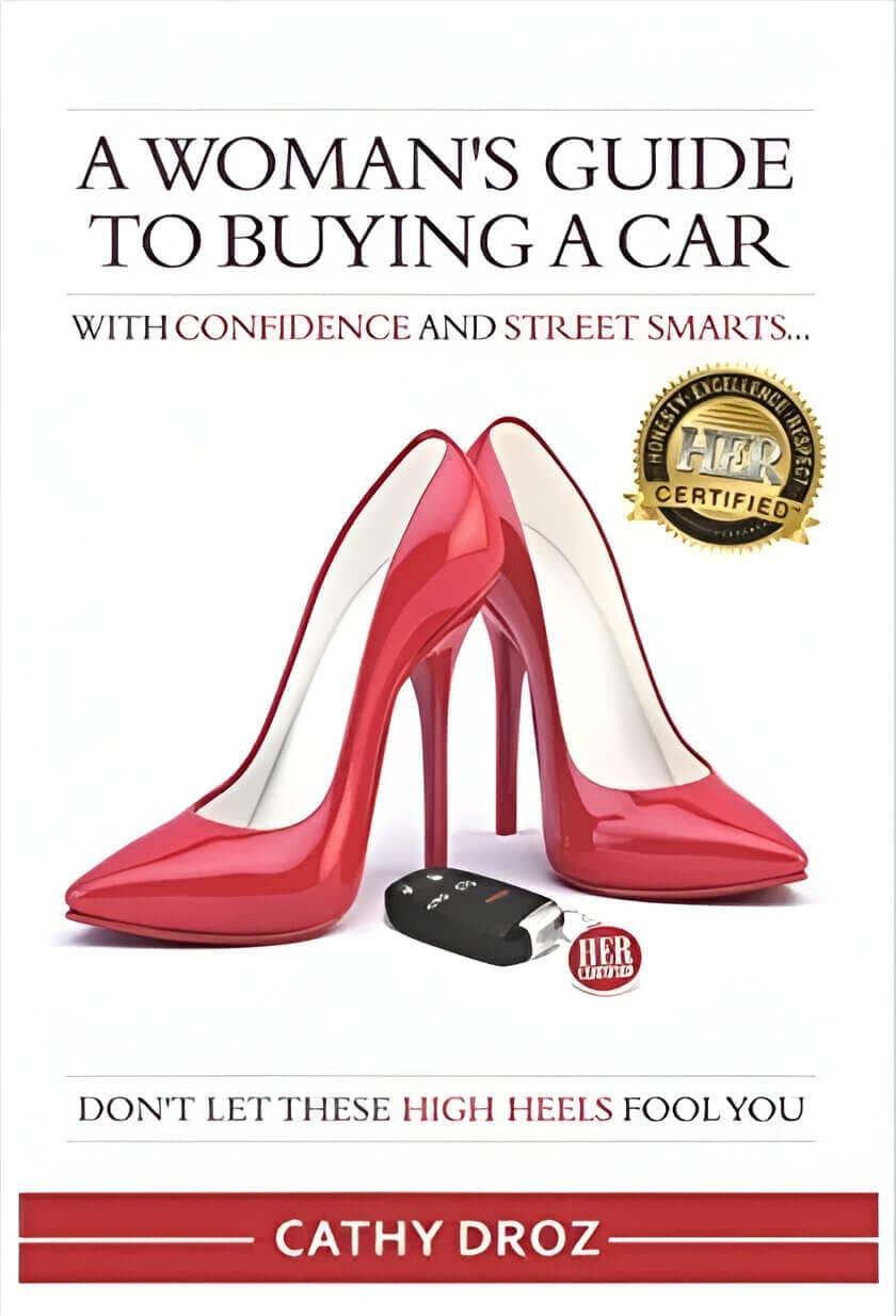 A book cover with red high heels and a car key.