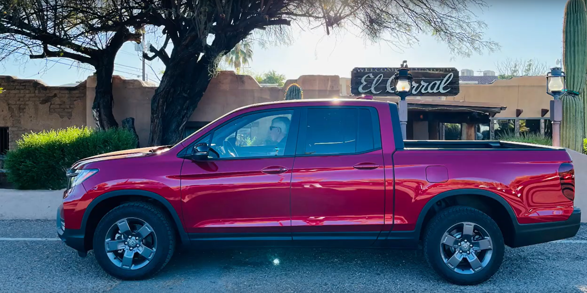 A red truck parked in front of a tree.